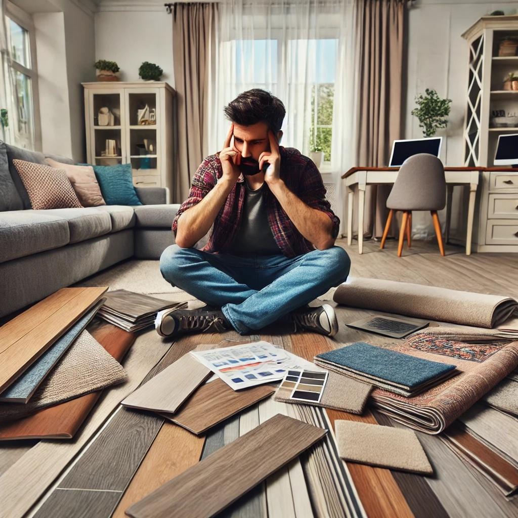 A frustrated homeowner surrounded by flooring samples, illustrating the challenge of choosing durable and stylish flooring options in Lafayette.