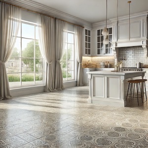 A bright and modern kitchen with large white cabinets and a patterned tile floor.