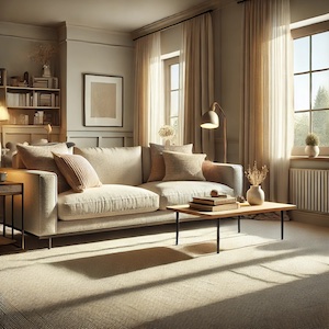 A cozy, modern living room with soft carpet flooring, a comfortable sofa, and warm lighting.
