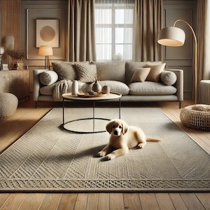 A cozy living room featuring a soft area rug, a neutral-toned sofa, and a golden puppy resting on the rug.