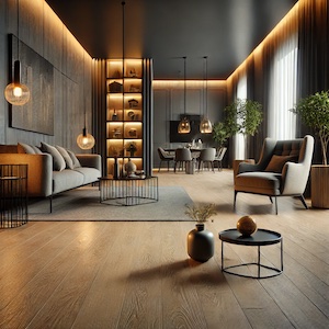 A sleek, modern interior with luxury vinyl flooring, elegant furniture, and soft lighting for a cozy ambiance.