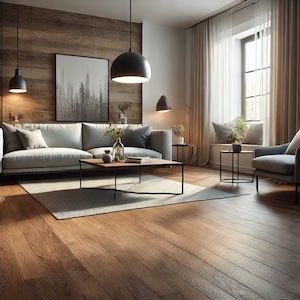 A stylish contemporary living room with sleek laminate flooring, a modern sofa, and natural lighting.